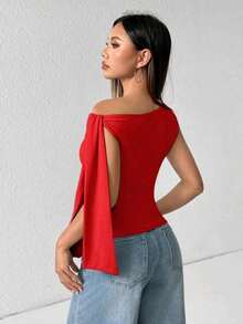 Elegant Suplex T-Shirt Top With Asymmetrical Shoulders And Straps, Ideal For Daily Use, Outings, Nightclubs, Parties, Halloween Costumes - 紅色 - 查看 4