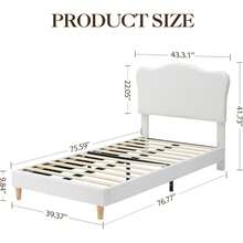 Cama individual beige para niños, plataforma tapizada con cabecero de terciopelo bouclé, sin somier, fácil montaje, diseño duradero - Blanco roto-Twin - Ver 2