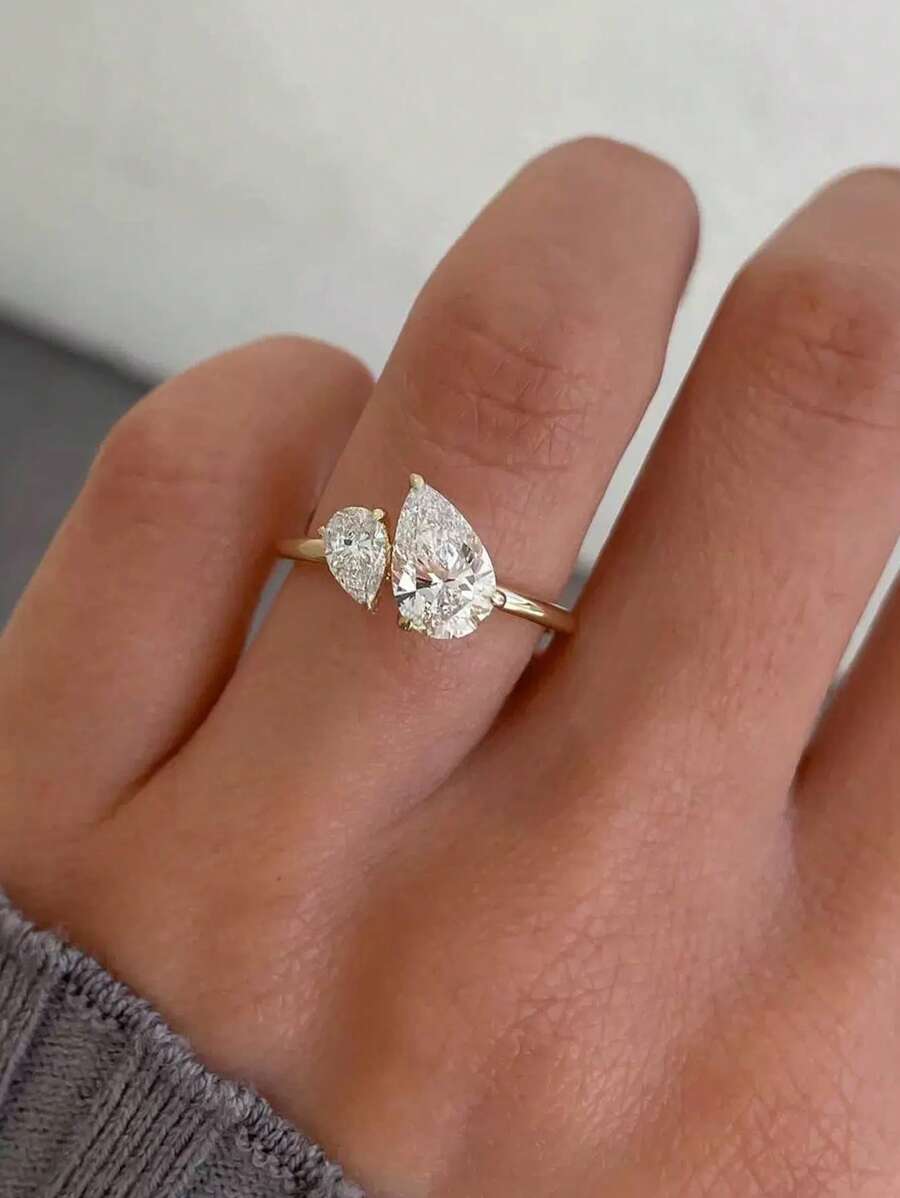 925 Sterling Silver Double Water Drop Design Women's Ring With Shiny Zirconia Stone, Quality Jewelry For Women's Engagement/Proposal - Yellow Gold - View 1