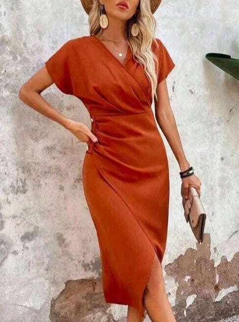 New Fashion Accessories 2023 Foreign Trade    European And American Ladies Elegant Intellectual Hem Slit Dress - 橘紅色 - 查看 1