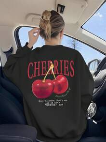 Áo nỉ cổ tròn dài tay họa tiết quả anh đào và khẩu hiệu mùa thu đông dành cho nữ, áo kiểu dáng rộng rãi, thoải mái, đa năng cho ngày lễ, trang phục thời trang mùa thu dành cho nữ, thích hợp mặc hàng ngày - màu đen - Xem 8