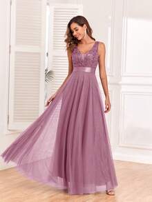 V-Neck Mesh A-Line Ball Gown Dress For Summer, Bridesmaid Dress, Guest Dress For Formal Weddings, Graduation Ceremony, Evening Banquets