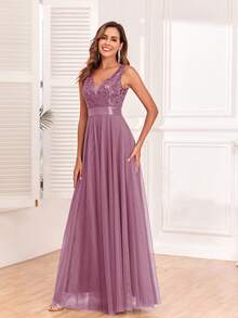 V-Neck Mesh A-Line Ball Gown Dress For Summer, Bridesmaid Dress, Guest Dress For Formal Weddings, Graduation Ceremony, Evening Banquets