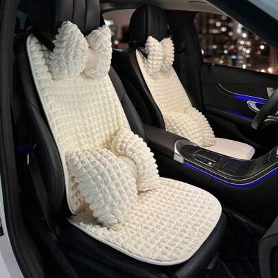 1pc Cute Puff Grid Design Car Seat Cushion, Comfortable Anti-Slip Breathable Seat Pad To Relieve Long Driving, 4-Season Car Seat Cover, Beige/Black