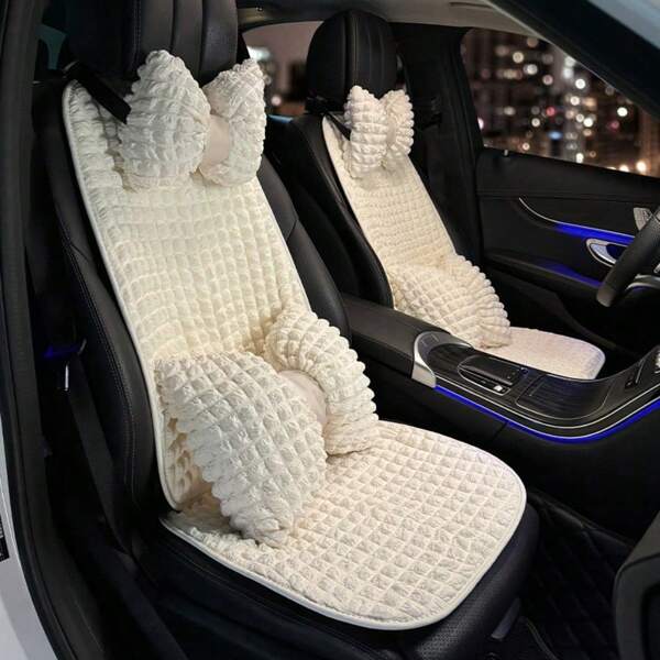 1pc Cute Puff Grid Design Car Seat Cushion, Comfortable Anti-Slip Breathable Seat Pad To Relieve Long Driving, 4-Season Car Seat Cover, Beige/Black