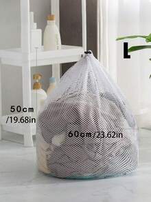 Pacote com 1 bolsa de malha para lavanderia com cordão, bolsa grande de poliéster branco para máquina de lavar, bolsa para guardar roupas íntimas, bolsa para guardar meias, adequada para banheiro, organização de roupas, armazenamento doméstico, armazenamento em dormitório, volta às aulas, viagem de negócios, itens essenciais para viagem, dia do professor - Branco - Ver 9