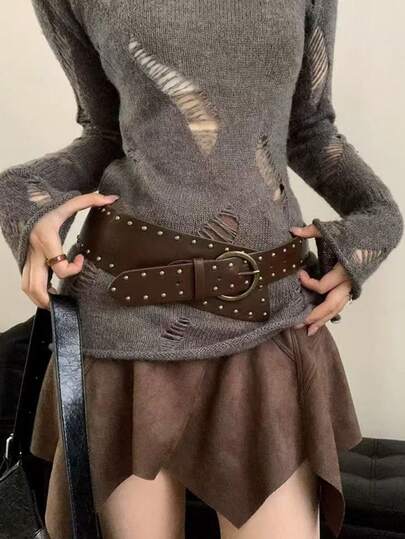 1pc Vintage Brown Faux Leather Rivet Belt - Wide Vintage Style, Perfect For Dresses And Skirts, Ideal For Beach, Night Out, Or Casual Weekend Wear