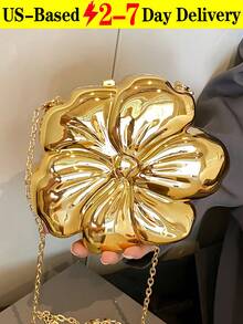 Women's Elegant Mini Flower Shaped Chain Crossbody Bag, Metallic Y2K Style Theme Party Shoulder Bag, Fashionable Novelty Shaped Bags, Versatile Small Mobile Phone Key Coin Purse, Portable Outdoor Travel Vacation Cosmetic Bags, Wear-Resistant Solid-Color Clutch Bag - 金色 - 查看 19