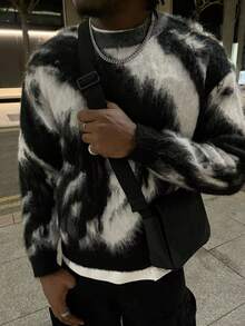 Áo len nam Manchic phong cách retro thường ngày, thời trang đường phố, chất liệu lông xù kẻ sọc không đều, phối màu tương phản, dáng rộng, thích hợp cho Giáng sinh, Năm mới, tay dài. - màu đen - Xem 1