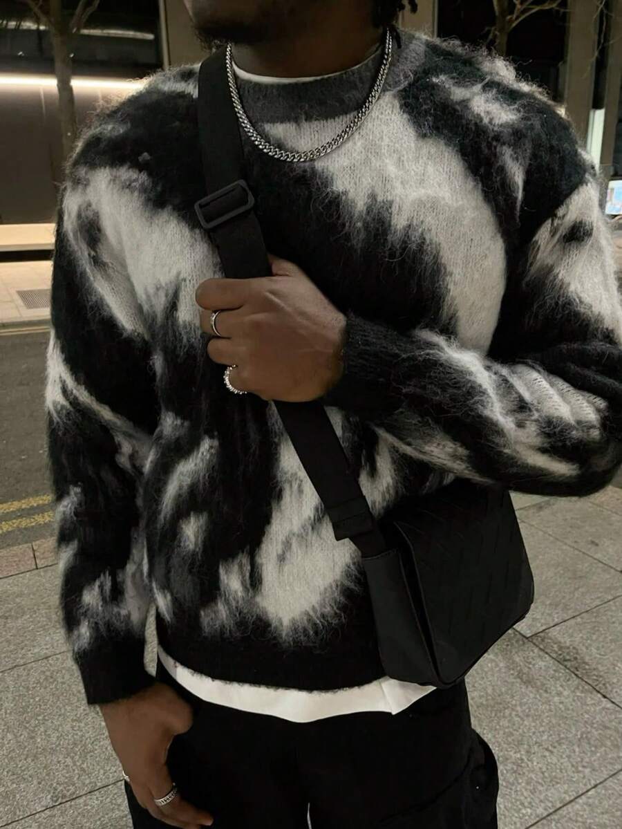 Áo len nam Manchic phong cách retro thường ngày, thời trang đường phố, chất liệu lông xù kẻ sọc không đều, phối màu tương phản, dáng rộng, thích hợp cho Giáng sinh, Năm mới, tay dài. - màu đen - Xem 1