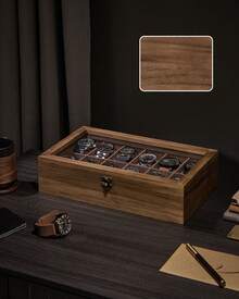 Watch Box With 12 Slots, Watch Case, Solid Wood Watch Box Organiser With Glass Lid, Watch Display Box With Removable Pillows, Gift Idea, Rustic Walnut - Brown - View 5