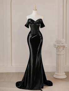Chic Charming Off Shoulder Corset Sexy Split Thigh Prom Mermaid Evening Dress For Women, Elegant Wedding Black Spring Party - Black - View 1
