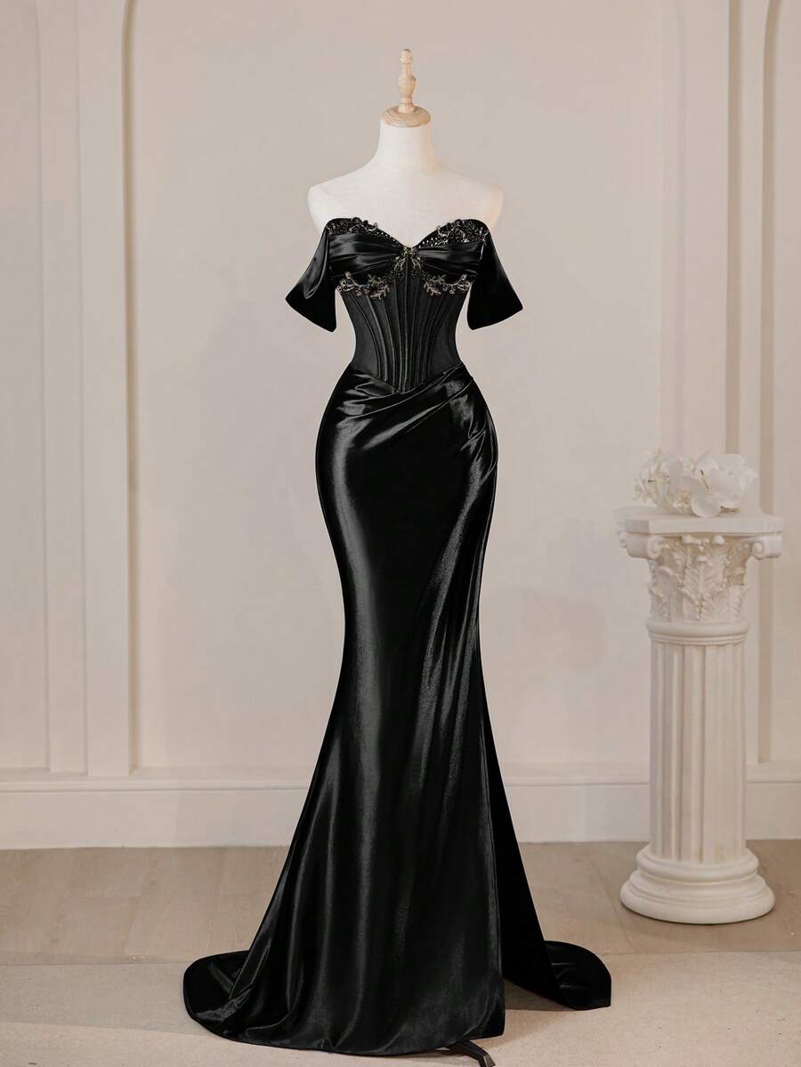 Chic Charming Off Shoulder Corset Sexy Split Thigh Prom Mermaid Evening Dress For Women, Elegant Wedding Black Spring Party - Black - View 1