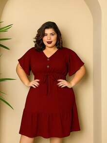 Batwing Dress Plus Size Midi Short Sleeve Duna Fabric Size U/G1 From 44 To 50 With Front Buttons Fashion Elegant Simple Casual Elegant Party Ruffle Hem Buttons On The Front Knot Wedding - 紅木色 - 查看 1