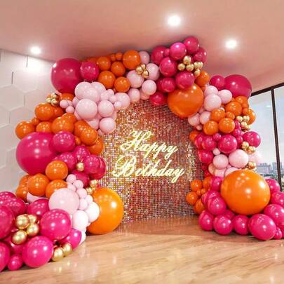 170pcs Pink And Orange Balloon Arch Kit - Gold Metal, Latex Floral Wreath, For Birthday, Wedding, Party Decor, Vibrant Pink And Orange, No Power Needed, Balloon Garland Decoration