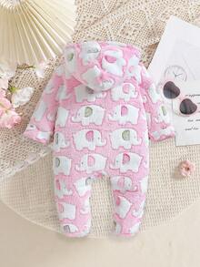 女婴可爱卡通连帽长袖连体衣，适合秋冬季日常外出穿着 - 彩色 - 查看 2