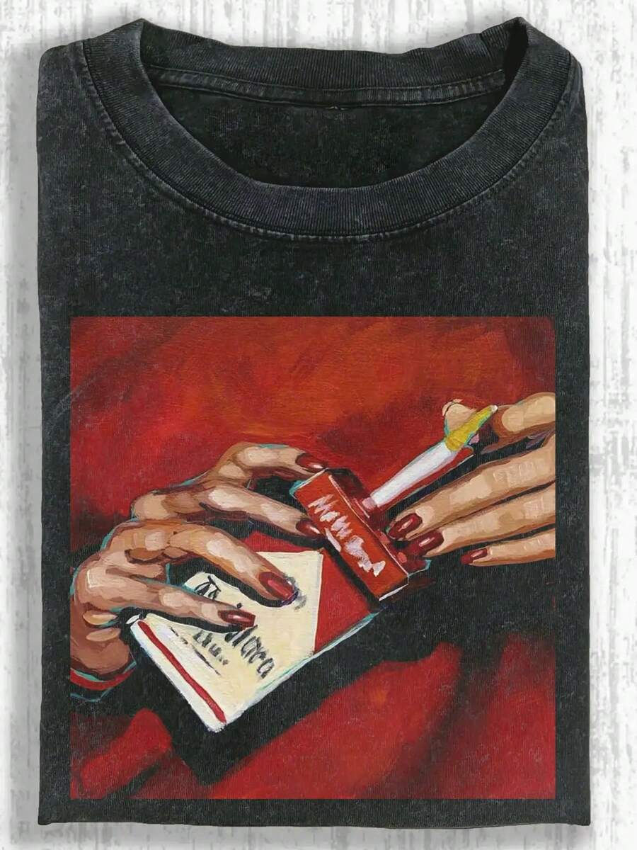 230g Washed, Cigarette Printed T-Shirt, High-Quality Wax Printed Cotton Retro Fashion Brand T-Shirt, Men's T-Shirt, Recent Bestseller, Summer T-Shirt, Holiday Gift, Perfect Gift - màu đen - Xem 1