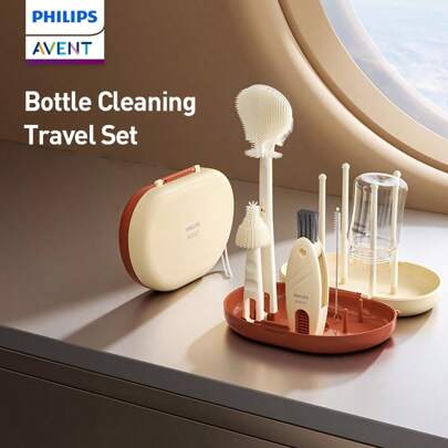 Philips Avent 9合1奶瓶刷套装 - 婴儿奶瓶清洁套装，包含硅胶刷、奶嘴刷、吸管刷、晾干架，居家旅行两用奶瓶清洁工具