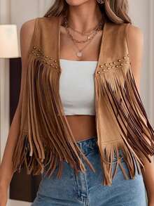 Women's Suede Tassel Vest 70s Hippie Outfit Sleeveless Open Front Vest Western Jacket - 棕色 - 查看 1