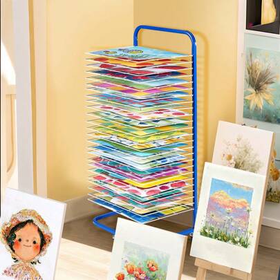 Art Drying Rack, 25 Removable Shelves 17 X 13 X 39.4 Inch Paint Drying Rack With Lockable Wheels, Carbon Steel Painting Drying Rack For Artwork In Classroom, Art Studios And Schools, Blue+White