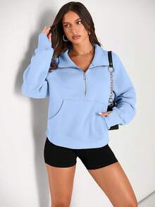 Womens Sweatshirts Half Zip Cropped Sweater Fleece Quarter Zipper Hoodies 2025 Fashion Outfits Clothes - Lightblue - 查看 3
