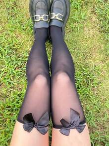 女士长筒袜1双装，夏季薄款防勾丝高筒袜，及膝大腿隐形蕾丝美腿袜 - 黑色 - 查看 6