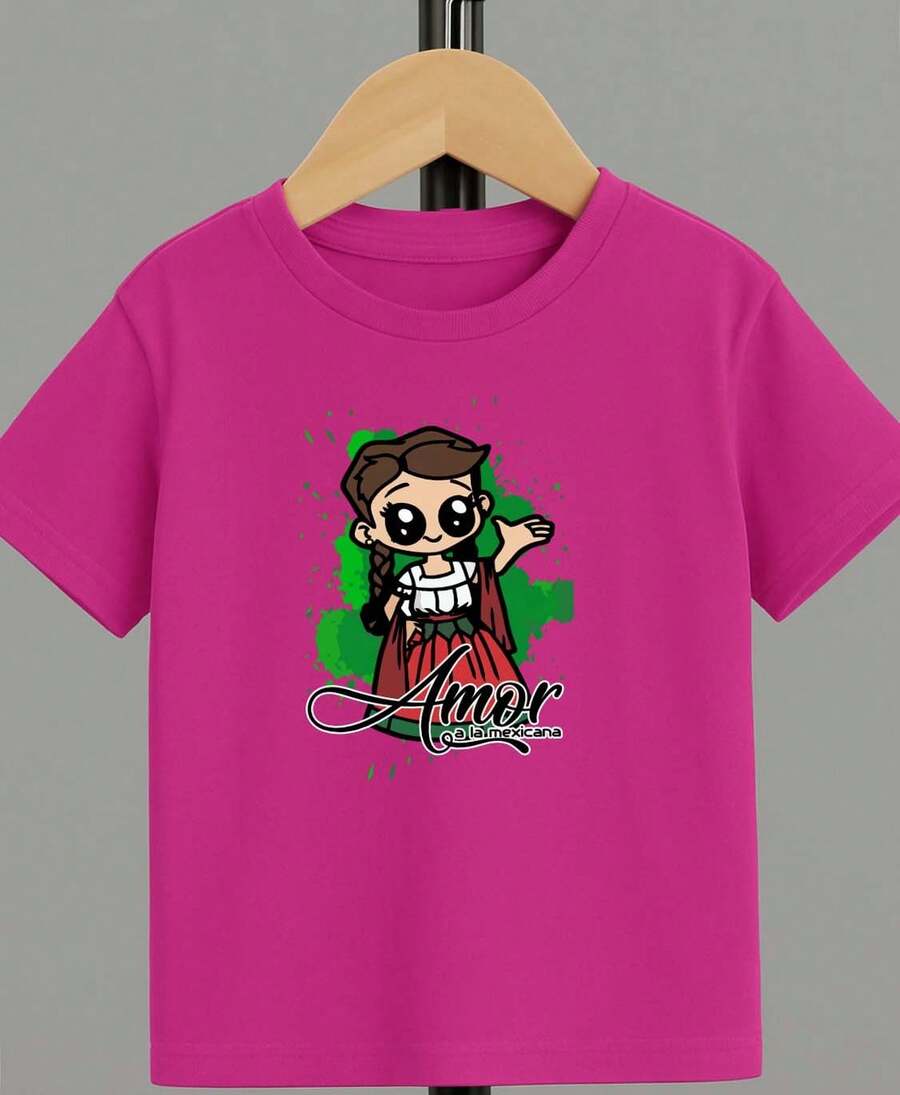 Camiseta para niño de 4 a 15 años de cuello redondo y manga corta con diseño de AMOR A LA MEXICANA, casual y creativa para niño - Rosa Fucsia - Ver 1