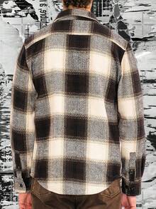 Mens Wool Blend Long Sleeve Button Down Shacket Checkered Plaid  Caual Jacket Without Tee Outerwear  Regular Fit    Button  Pocket - 棕色 - 查看 4