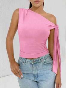 Elegant Suplex T-Shirt Top With Asymmetrical Shoulders And Straps, Ideal For Daily Use, Outings, Nightclubs, Parties, Halloween Costumes - 粉色 - 查看 3