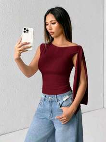 Elegant Suplex T-Shirt Top With Asymmetrical Shoulders And Straps, Ideal For Daily Use, Outings, Nightclubs, Parties, Halloween Costumes - 酒紅色 - 查看 1