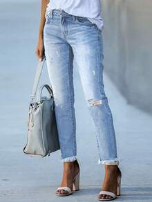 Y2K Street Cropped Jeans Stretchy High Waist Distressed Ripped Raw Fray Hem Slim Fit Slant Pockets Jeans Office Autumn For Women