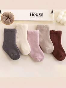 1 Pair Solid Color Simple Baby Plush Mid-Calf Socks, Thick Warm & Soft Comfortable