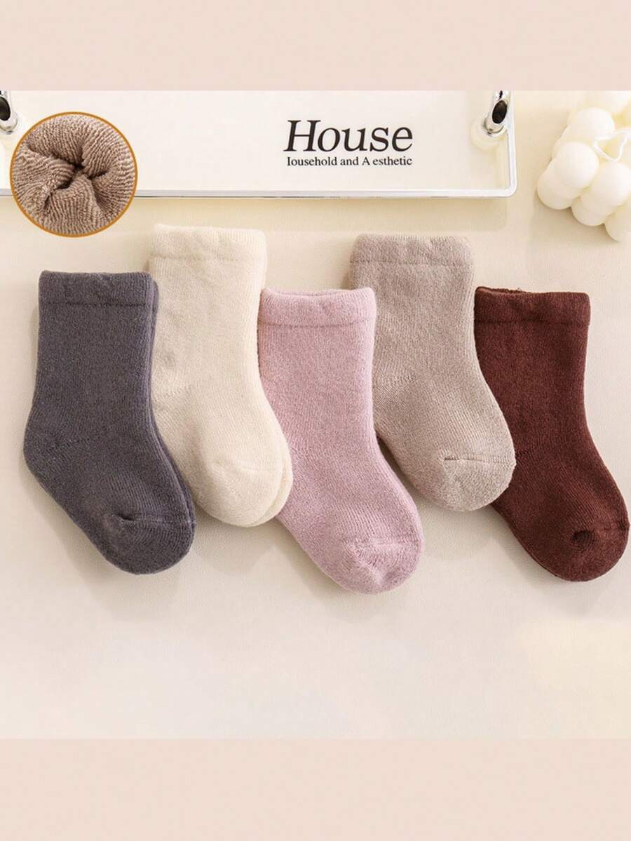 1 Pair Solid Color Simple Baby Plush Mid-Calf Socks, Thick Warm & Soft Comfortable