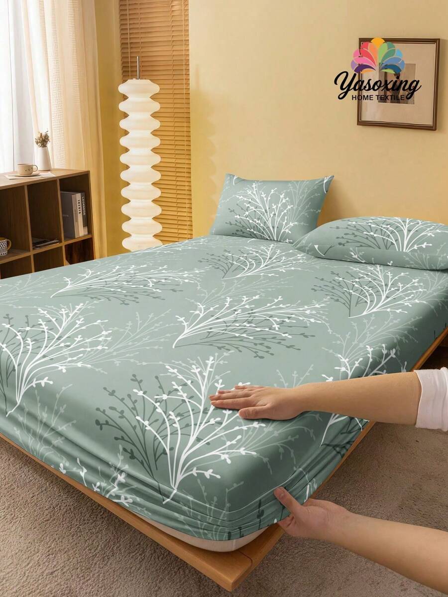 2/3pcs /Set Green Leaf Branch Flower Pattern Fitted Sheet Set Without Filler, Fitted Sheet Set For Bedroom Brushed Microfiber Breathable Comfortable 1pc Mattress Cover With 1/2pcs Pillowcase, Bed Cover Set King Queen Full Twin Size Fitted Sheet Set For Bedroom Brushed Microfiber Breathable Comfortable Sheet Bedspread Deep Pocket Up To 11.8 Inch Breathable Wrinkle-Free Better For Sleep, Machine Washable Domitory Bedding Back School Bedding