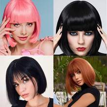 BARSDAR Brown Bob Wig With Bangs, 12 Inch Brown Wigs For Women, Short Brown Wig With Bangs, Super Soft Straight Bob Wig, Colorful Synthetic Wig For Daily Use, Cosplay, Halloween(Auburn) - Auburn - 查看 6