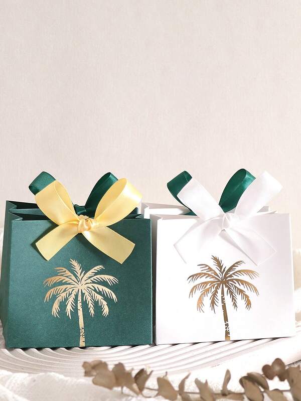 20pcs Saudi National Day Gift Box, Middle Eastern Festival Gold Foil Green Coconut Tree Candy Box, Palm Tree Box