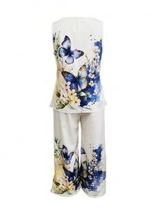 Butterfly Printed Vest Comfortable Pants Set,Crew Neck Woven Sleeveless Vest And Wide Leg Pants,Vacation Two Pieces Outfits,Bohemian Suit,Daily Outings