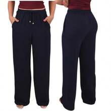 Women's High Waist Wide Leg Pants With Pocket - 藏蓝色 - 查看 2