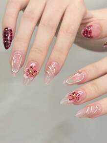 10 件手工指甲杏仁指甲按压指甲中号，优雅的红粉色指甲，晕染渐变手绘波尔卡圆点花卉 3D 雕刻浮雕花朵不对称线条，人造珍珠镶嵌，优质通用美甲片，前卫优雅奢华手工夏季指甲，现代美学手工指甲，Y2K 风格派对日常和约会使用海滩热带度假适用，DIY 假指甲适合女性和女孩作为礼物指甲用品
