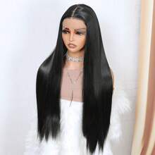 Black Color Long Silky Straight 26inch13X4 HD Transparent Lace Frontal Synthetic Wigs 180%Density Glueless Wig Preplucked With Baby Hair Daily Party Cosplay - 黑色 - 查看 4