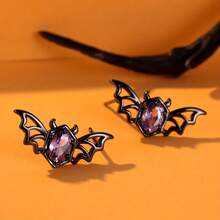 Cute Female Purple Rhinestone Bat Animal Stud Earrings For Women Fashion Witch Jewelry Halloween Gift - 黑色 - 查看 4