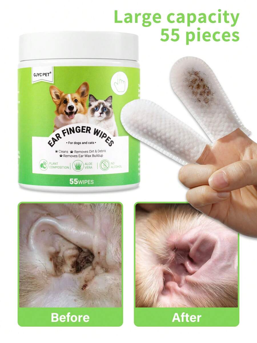 GJYC PET Large Capacity Dog Ear Wipes - 55-Piece Pack For Dogs & Cats - Gentle, Non-Irritating Ear Cleaner Wipes