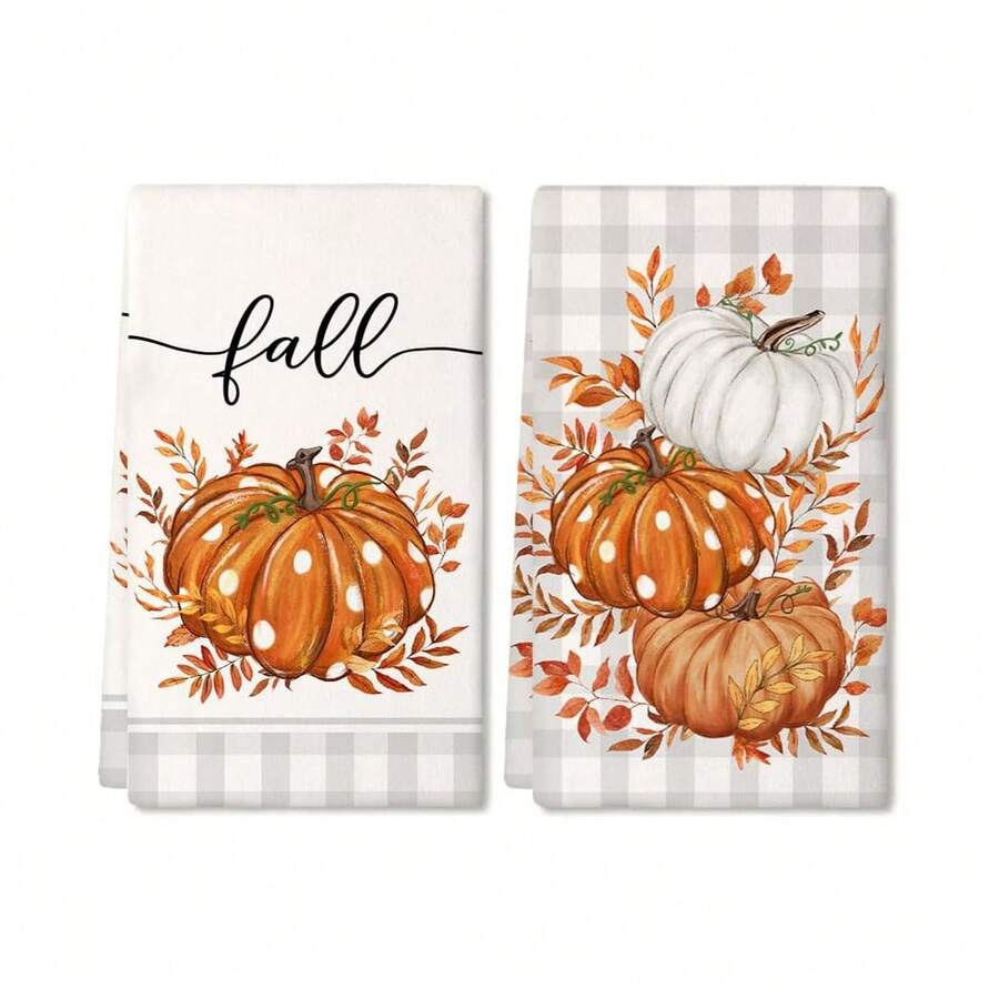 2pcs Thanksgiving Autumn Pumpkin Print Kitchen Towels, Soft And Absorbent, Reusable And Washable, Home Cleaning Essential, Kitchen Accessories, Holiday Gift For Friends