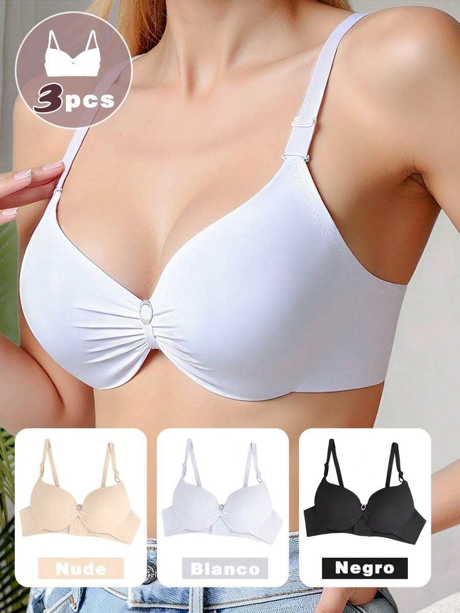 3Pzs Sujetador con gran sujeción - Sostén con Aros Push-Up para Mujer, Efecto Recolector, Comodidad y Soporte - Ideal para Todo el Día, en colores nude, blanco y negro - Desnudo+Blanco+Negro - Ver 1