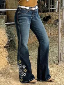 Embroidered Flare Jeans - Dark Wash Denim Bell Bottom Pants, Boho Western Style, Great For Country Concert & Cruise Outfits - 深藍色 - 查看 3