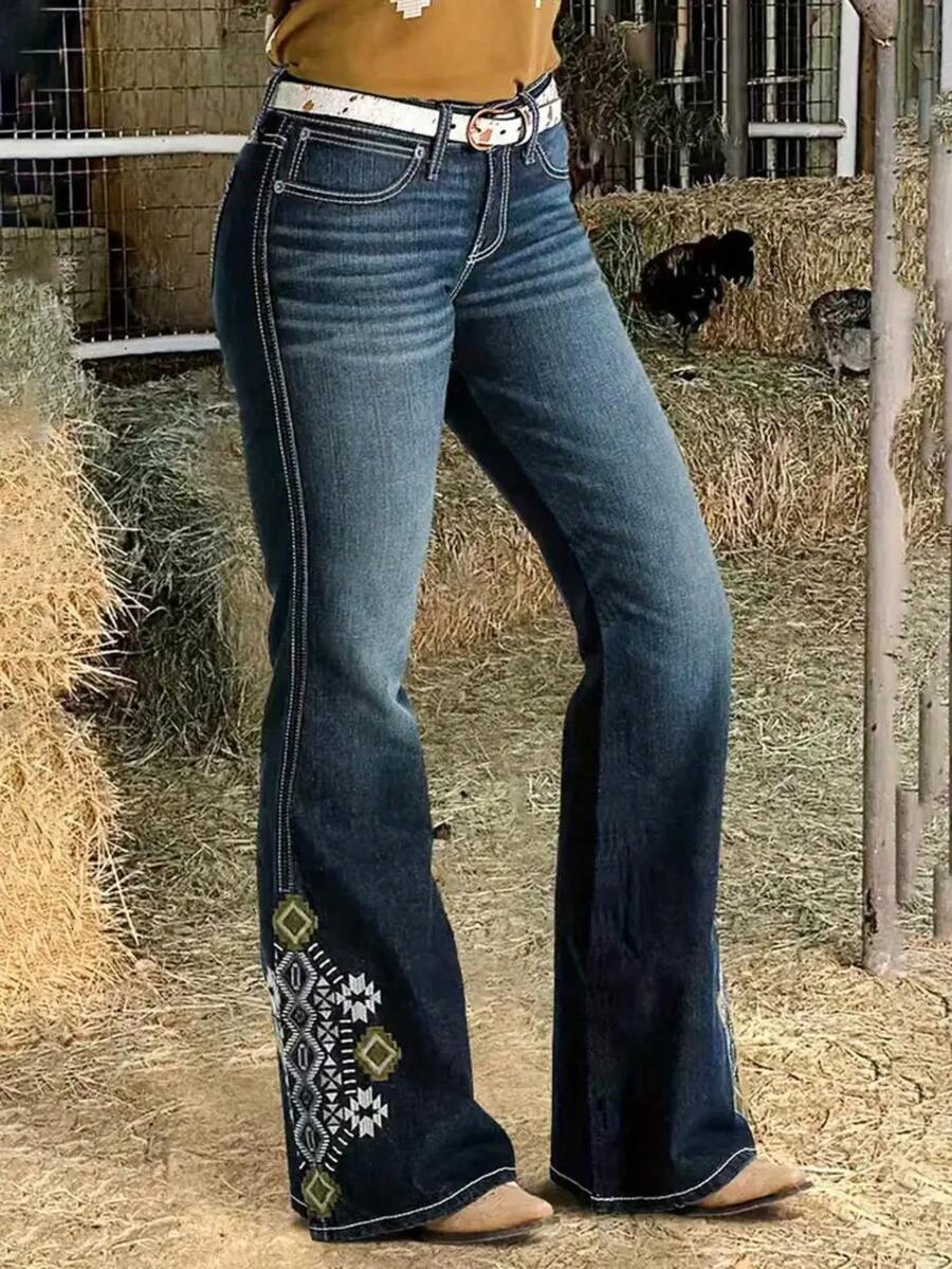 Women's Printed Denim Jeans, Casual And Fashionable Flared Pants, Suitable For Everyday Wear, Holiday Gifts, And Elegant For All Seasons. - 深藍色 - 查看 1
