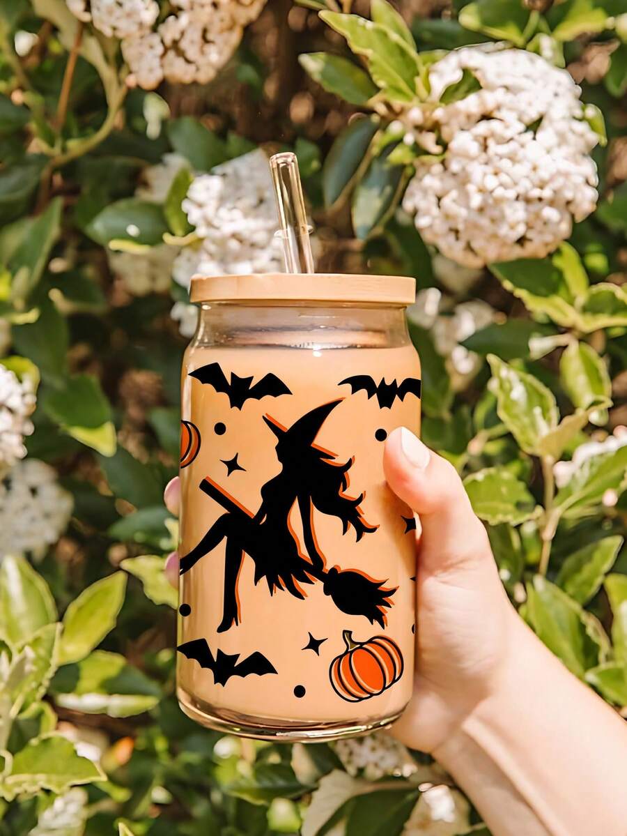 1 copo com tampa de bambu para beber, copo de água de bruxa de Halloween, copo de água em formato de jarra de 16 oz/500 ml, xícara de chá de frutas reutilizável, presente de Halloween para entes queridos, presente para namorado, ótimo para festa, presente de Halloween, presente de Natal para família e amigos, xícara de café gelado, chá, suco, leite, presente de aniversário, bebida