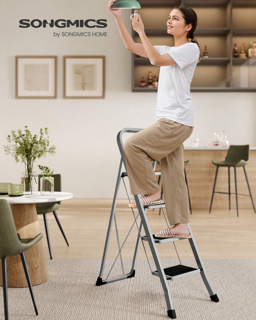 SONGMICS Step Ladder, 4-Step Ladder, Folding Ladder, Lock, Space-Saving Storage, Holds Up To 150 Kg, Grey - Grey - View 1