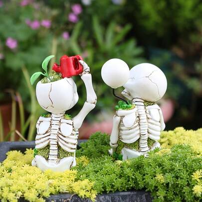 2pcs Moss Skeleton Decorations, Water Sprouting Skull, Contemplative Skull, New Gardening Pets, Halloween Decor, Holiday Gift