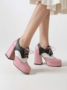 Women's Oxford Shoes Color-Block Heels Square Toe Platform Chunky Heels Lace-Up Mary Janes Shoes For Ladies New Year And Christmas Outfits - 粉色 - 查看 5